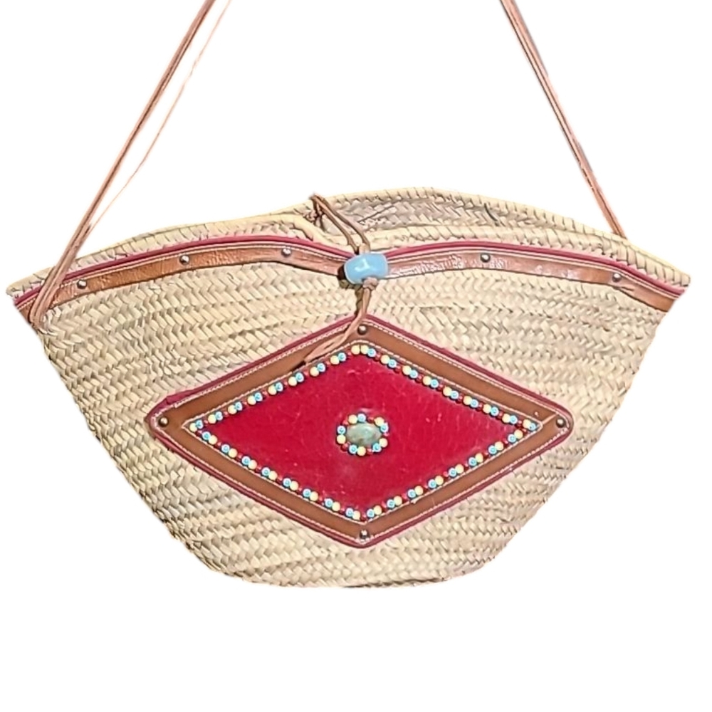 Straw Bag Tote Red Leather Accents Beaded Brown Leather Strap Vintage Italy